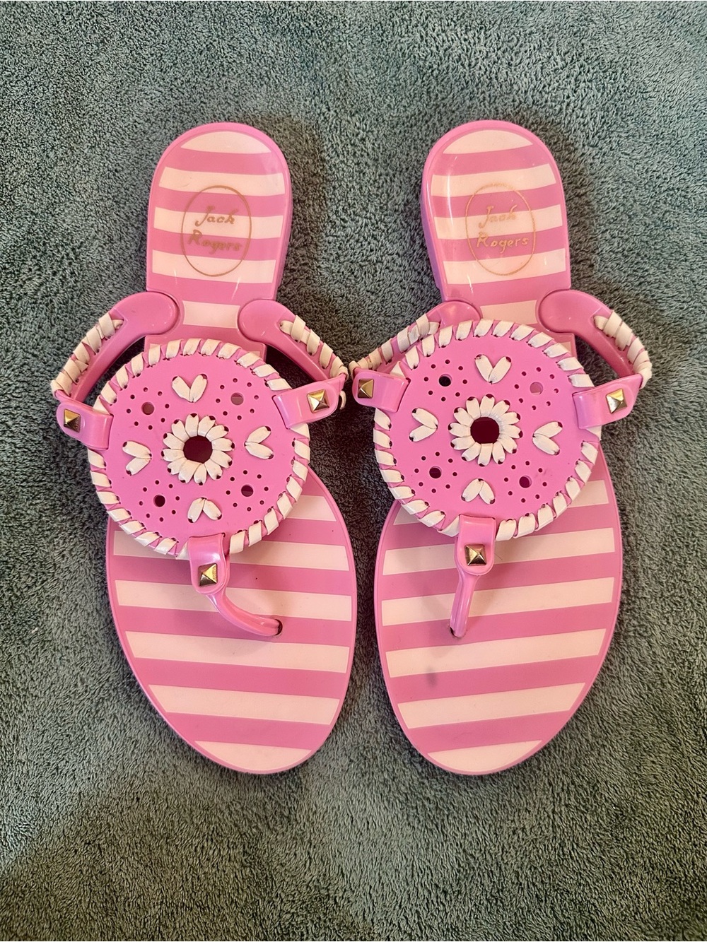 Jack Rogers Pink Stripe Jelly Sandals Whipstitch Medallion Thong Size 8